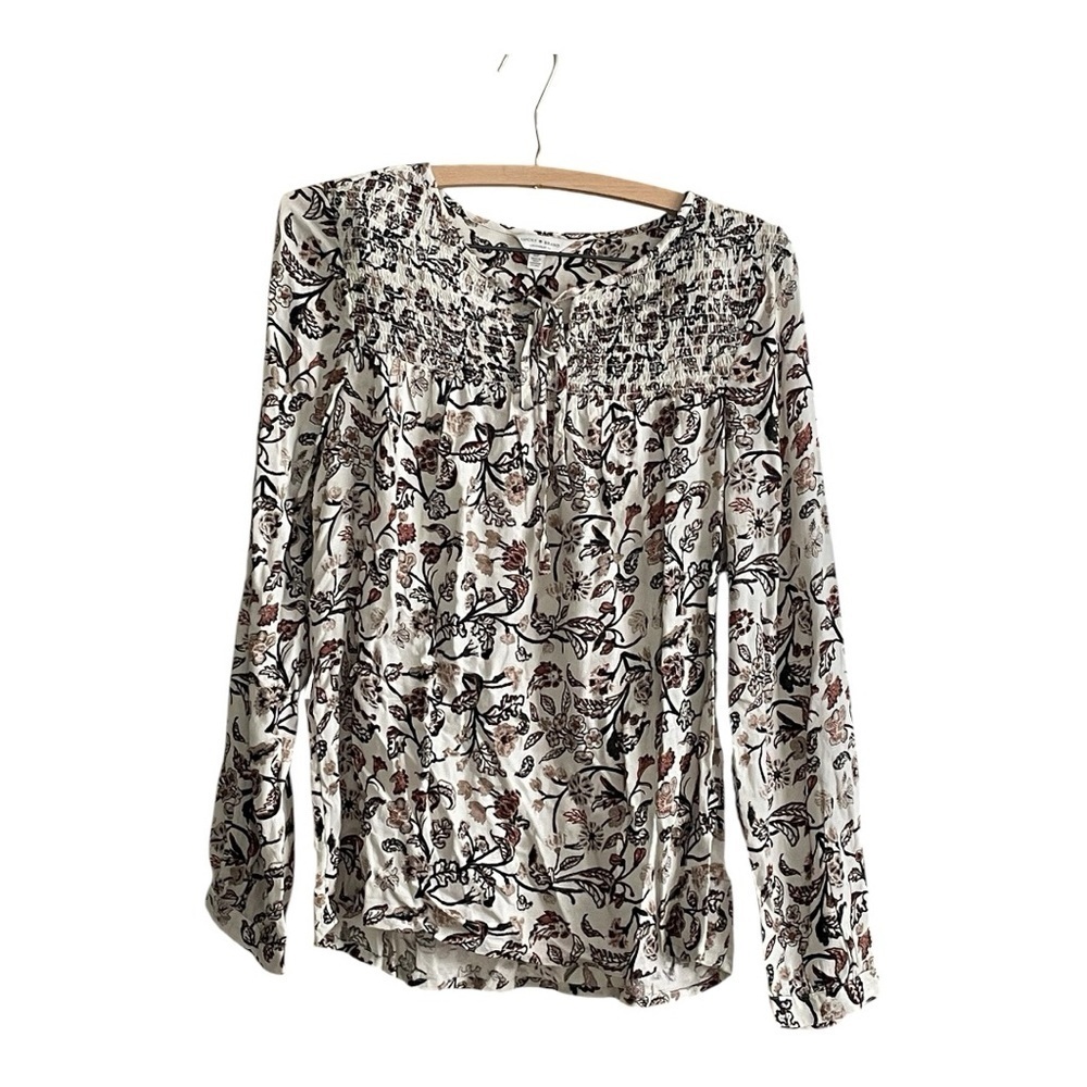 Lucky Brand NWT Smocked Floral Peasant Brown and Cream Floral Blouse
